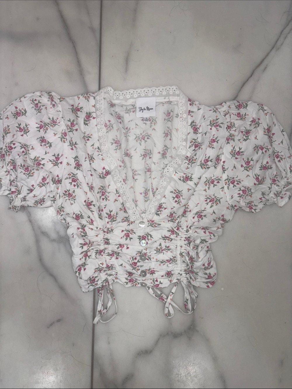 Style & Co. White Floral Lace-Trim Cropped Blouse with Pink Roses
